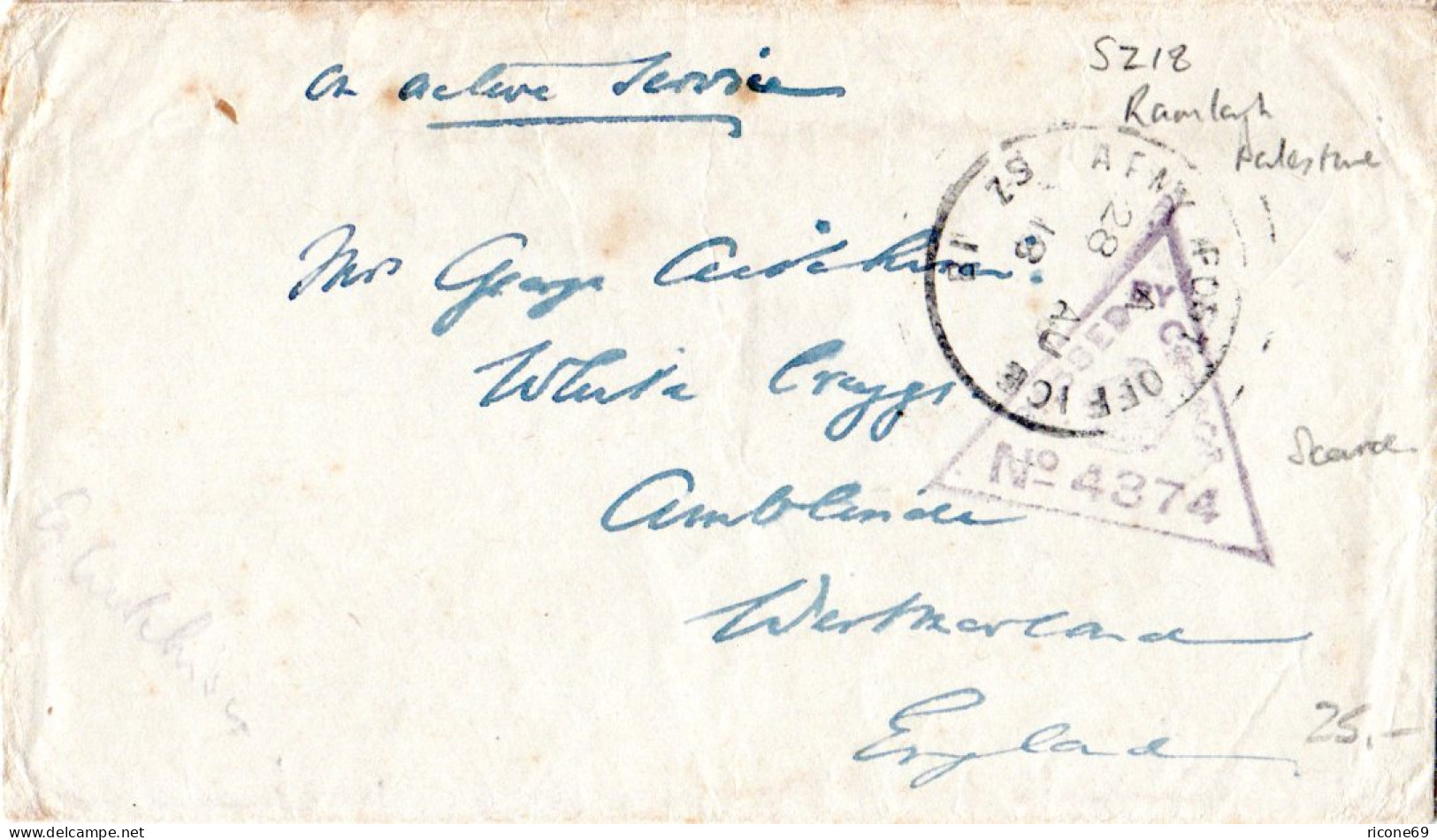 GB/Turkey/Palestine 1918, Censored Field Post Cover From APO SZ 15 Ramleh - Palestine