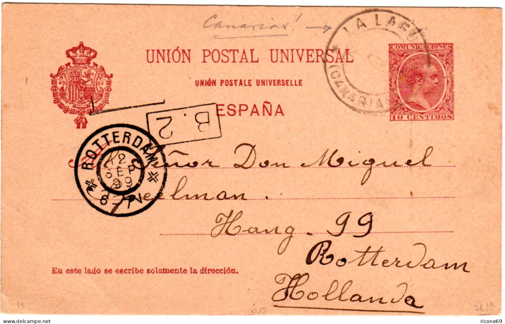 Spanien 1899, K2 La Laguna Canarias Auf 10 C. Ganzsache N. NL - Briefe U. Dokumente