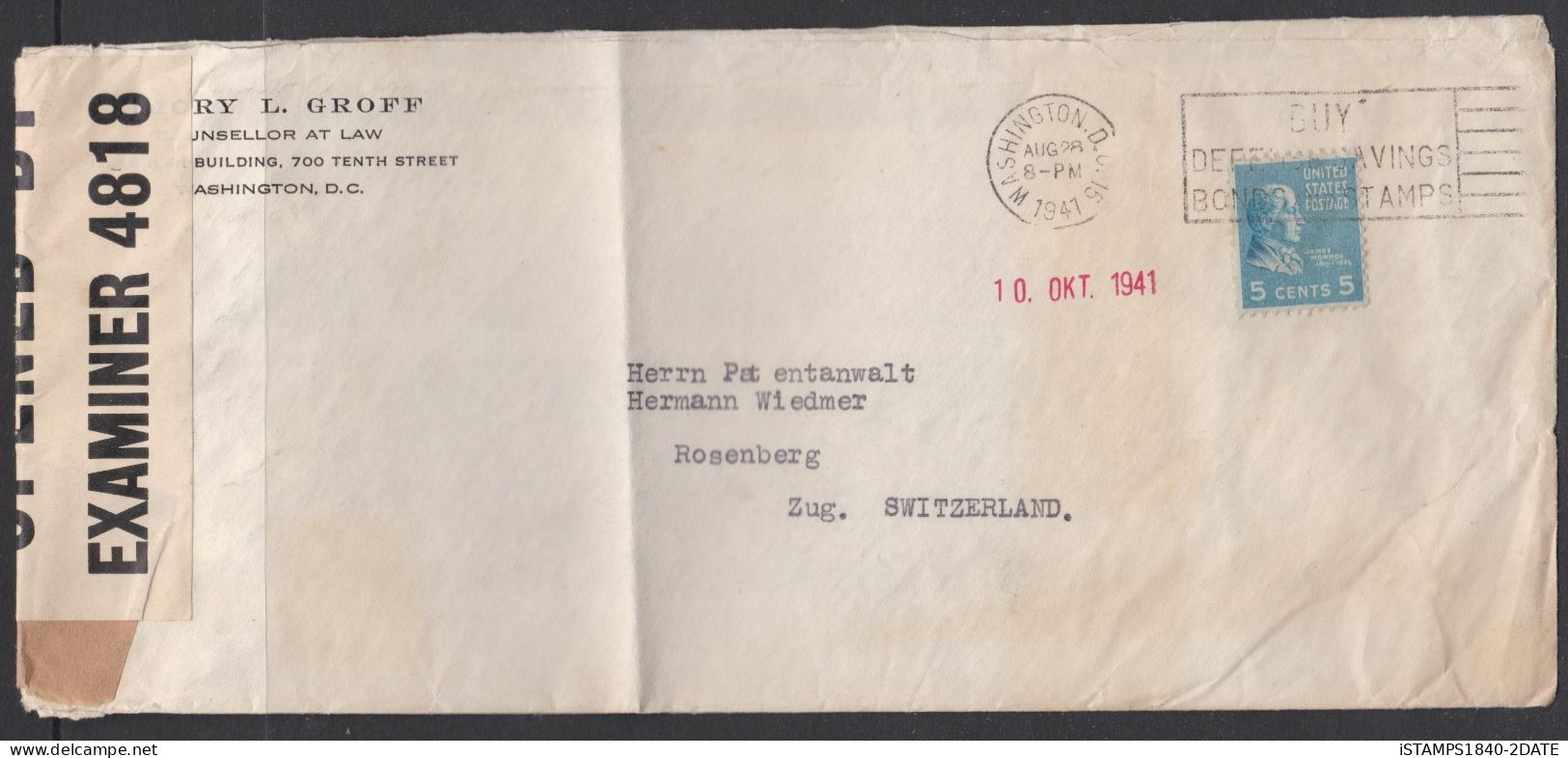 001238/ USA Airmail Cover 1941 Opened By Examiner - 1941-60