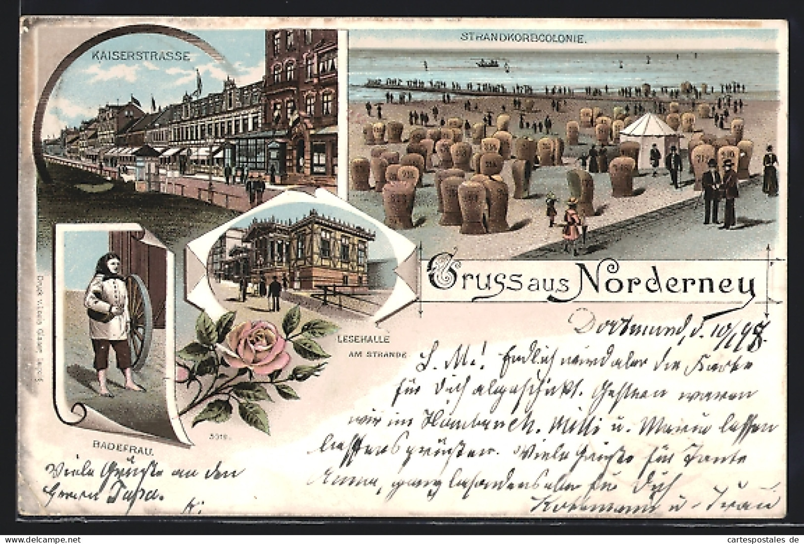 Lithographie Norderney, Kaiserstrasse, Lesehalle Am Strand, Badefrau  - Norderney