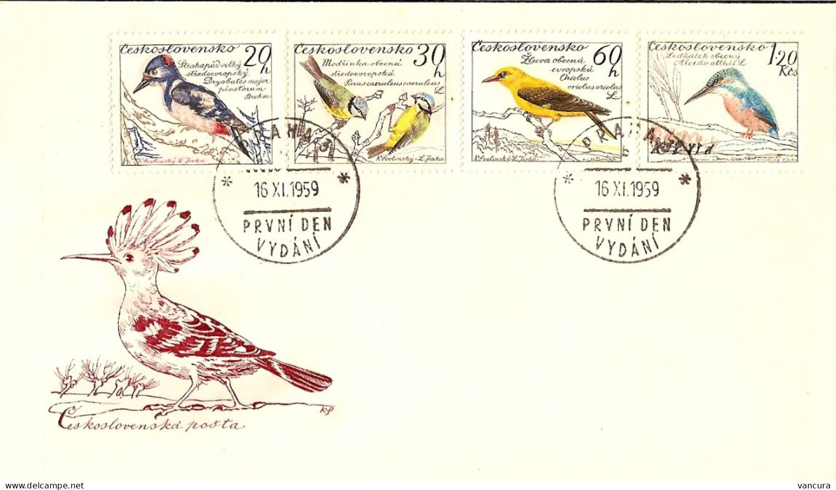 FDC 1078-84 Czechoslovakia Birds 1959 Kingfisher Owl Hoopoe Blue Tit Woodpecker Bullfinch Goldfinch Oriole Nuthatch - Passereaux