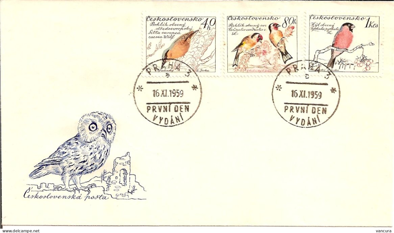 FDC 1078-84 Czechoslovakia Birds 1959 Kingfisher Owl Hoopoe Blue Tit Woodpecker Bullfinch Goldfinch Oriole Nuthatch - Uccelli Canterini Ed Arboricoli