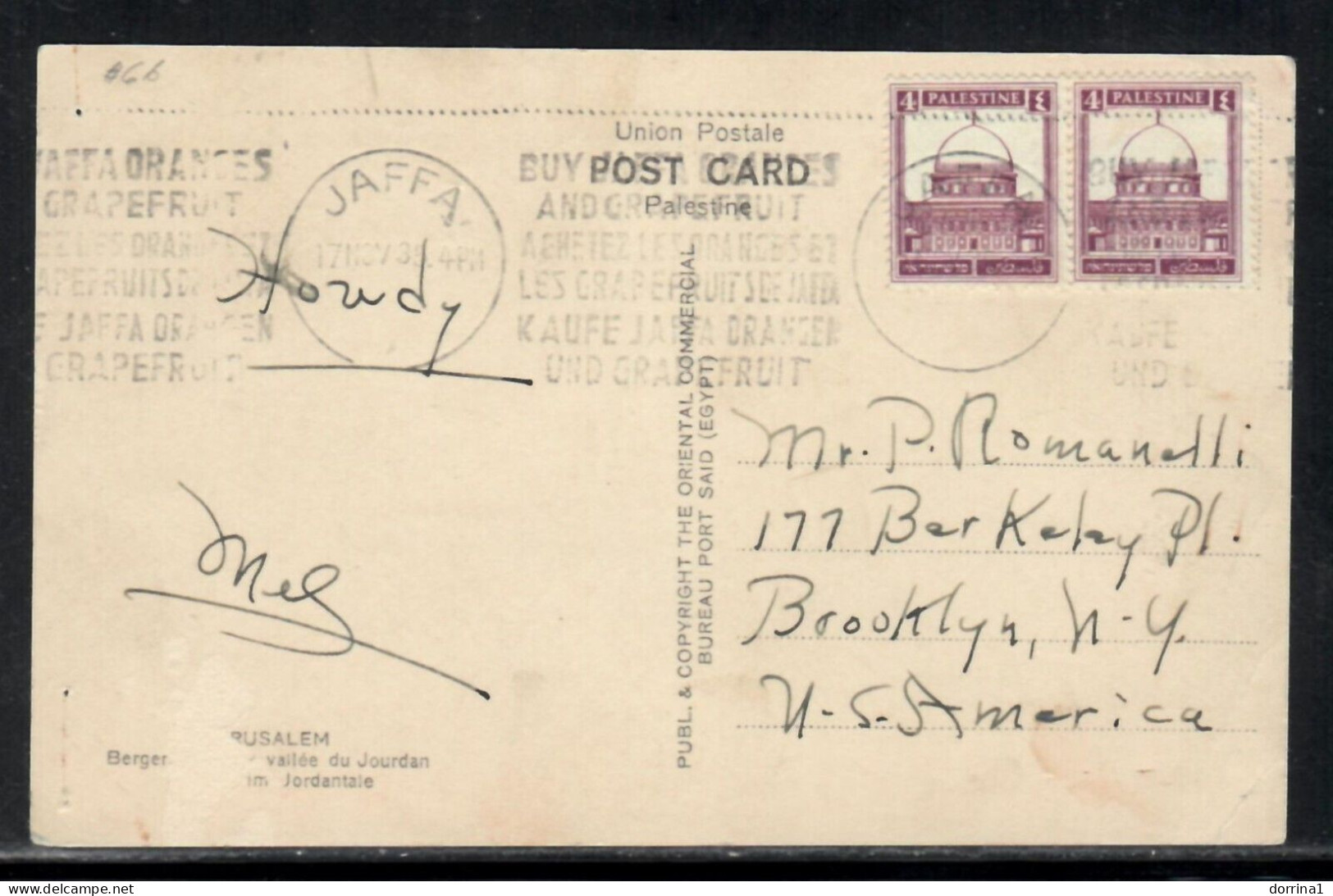 Jaffa 1938 - British Mandate Post In Palestine Jerusalem Postcard - Palestine