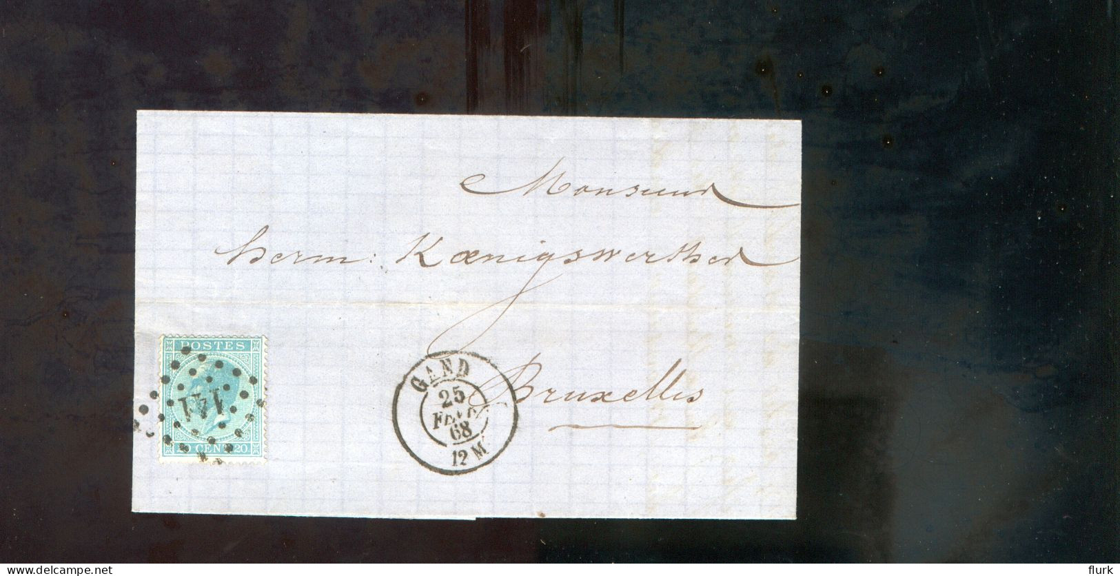 België OCB18 Gestempeld Op Brief Gand-Bruxelles 1868 Perfect (2 Scans) - 1865-1866 Profiel Links