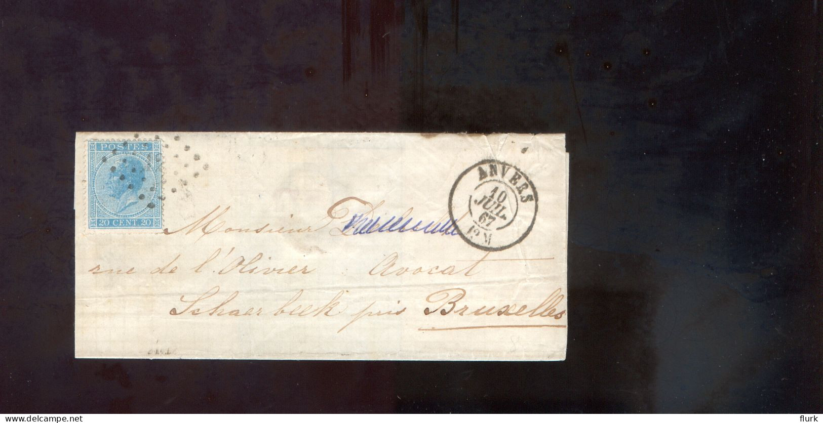 België OCB18 Gestempeld Op Brief Anvers-Bruxelles 1867 Perfect (2 Scans) - 1865-1866 Profile Left