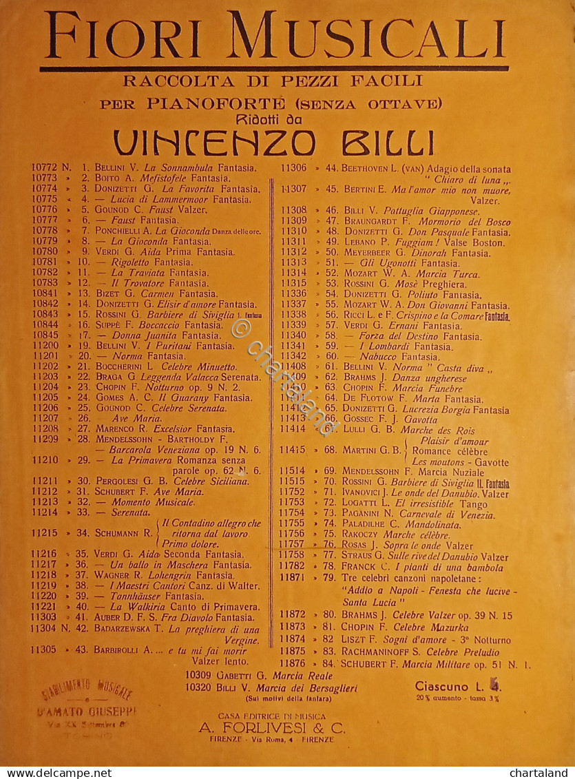 Spartiti - Fiori Musicali - Sopra Le Onde - Valzer Di V. Billi Per Pianoforte - Non Classificati