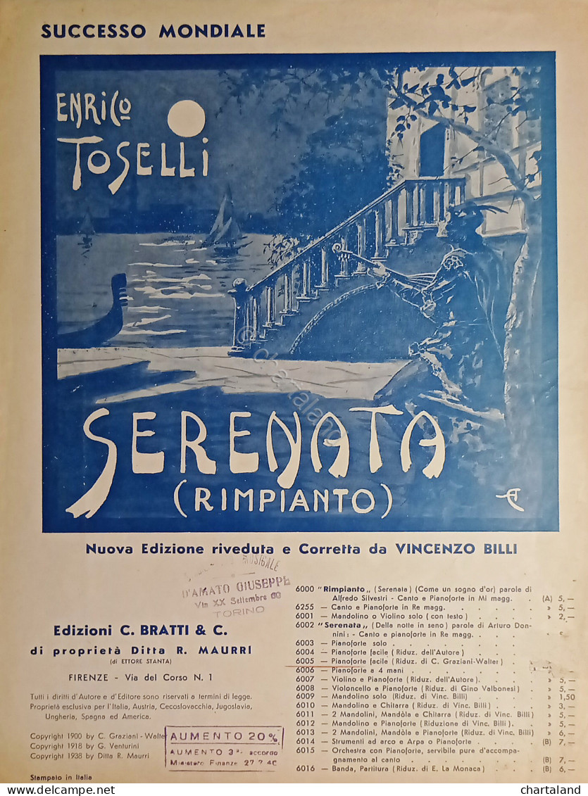 Spartiti - Serenata ( Rimpianto ) - Pianoforte Facile Di C. Graziani-Walter 1938 - Non Classificati