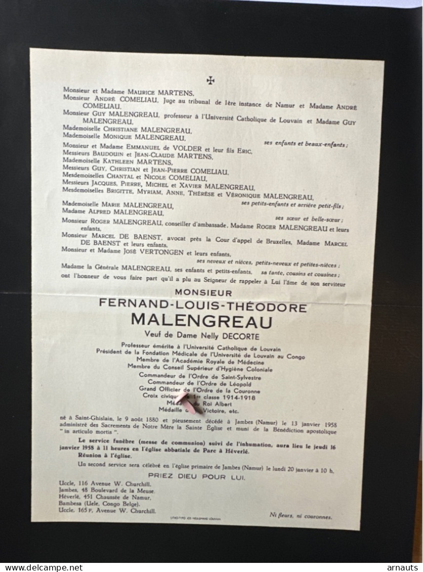 Fernand Malengreau Veuf Decorte Nelly Professor KUL Academie Royal Medicine *1880 Saint-Ghislain +1958 Jambes Namur Parc - Décès