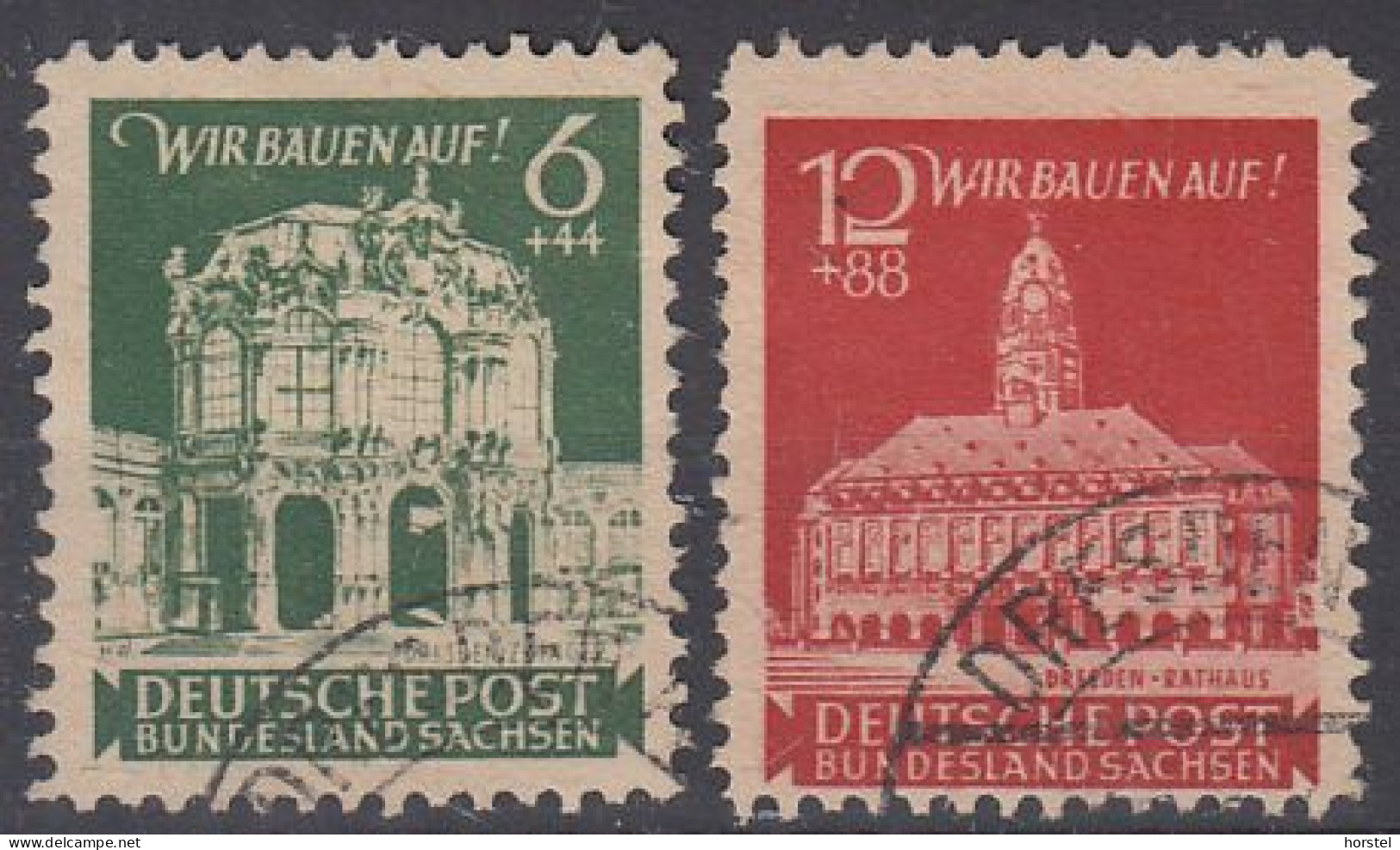 SBZ 64-65 Wiederaufbau Dresden - Zwinger & Rathaus - Afgestempeld