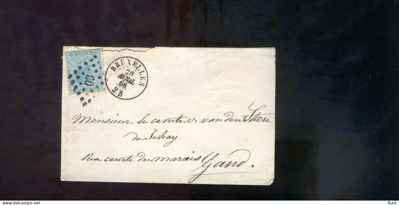 België OCB18 Gestempeld Op Brief Bruxelles-Gand 1868 Perfect (2 Scans) - 1865-1866 Linksprofil