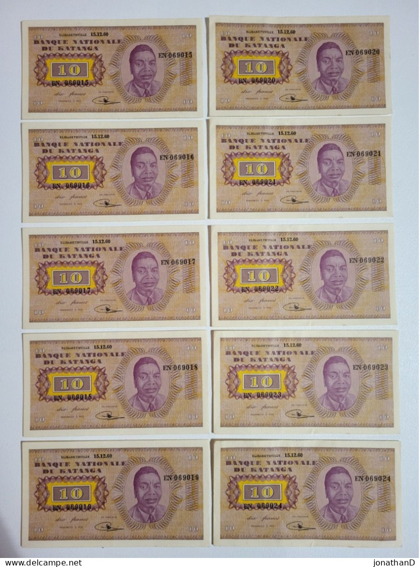 Lot 10 Francs Banque Nationale Du Katanga De EN069015 à EN069024 état +++ - República Democrática Del Congo & Zaire