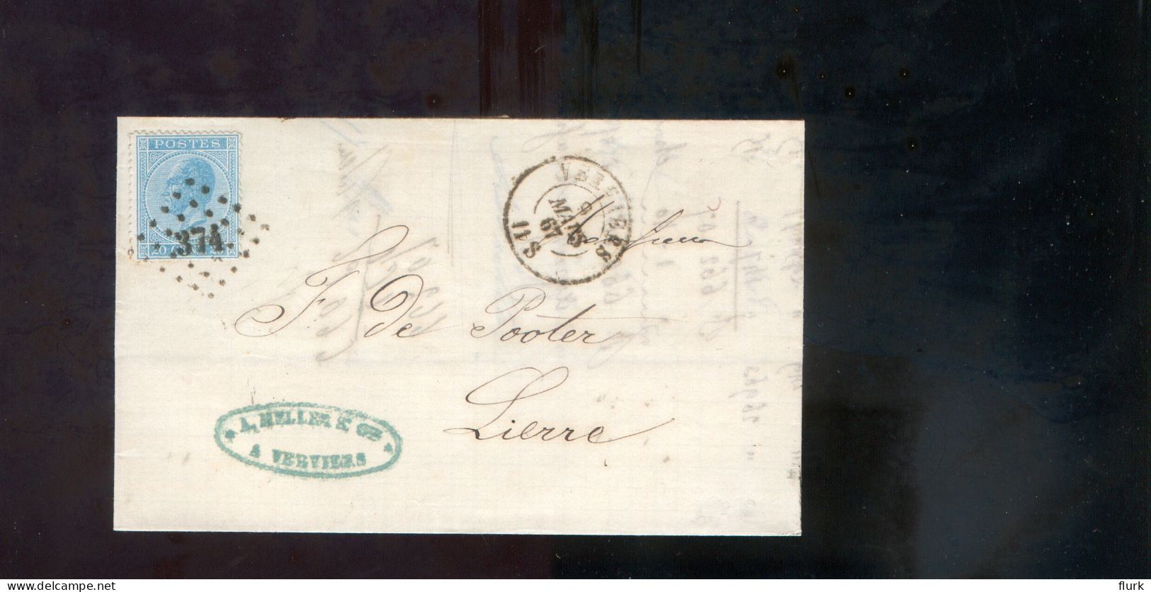 België OCB18 Gestempeld Op Brief Verviers-Lierre 1867 Perfect (2 Scans) - 1865-1866 Linksprofil