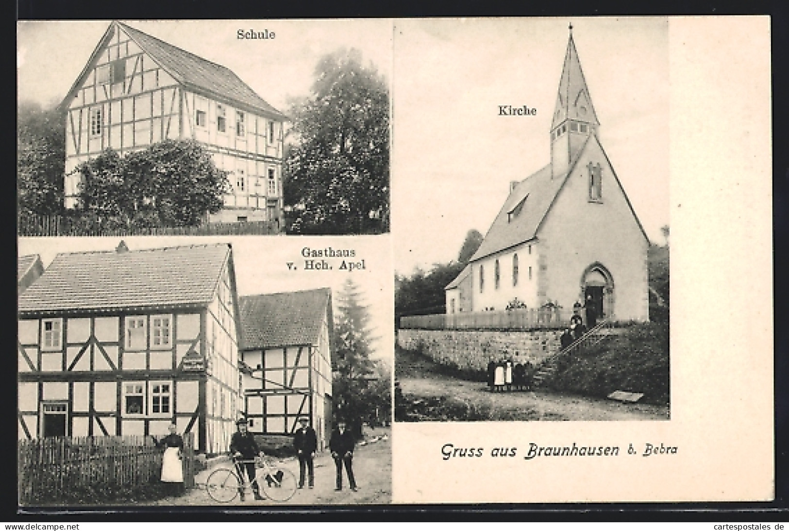 AK Braunhausen B. Bebra, Gasthaus V. Hch. Apel, Schule, Kirche  - Bebra