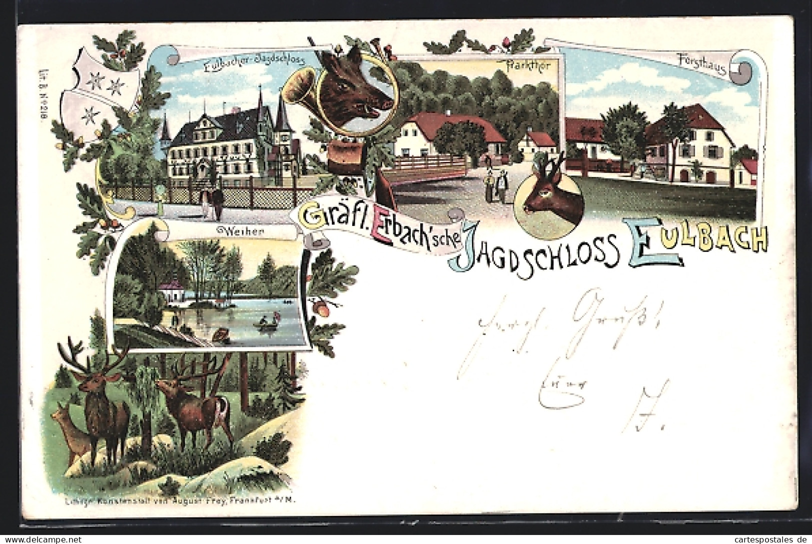 Lithographie Eulbach, Gräfl. Erbach`sches Jagdschloss, Forsthaus  - Hunting