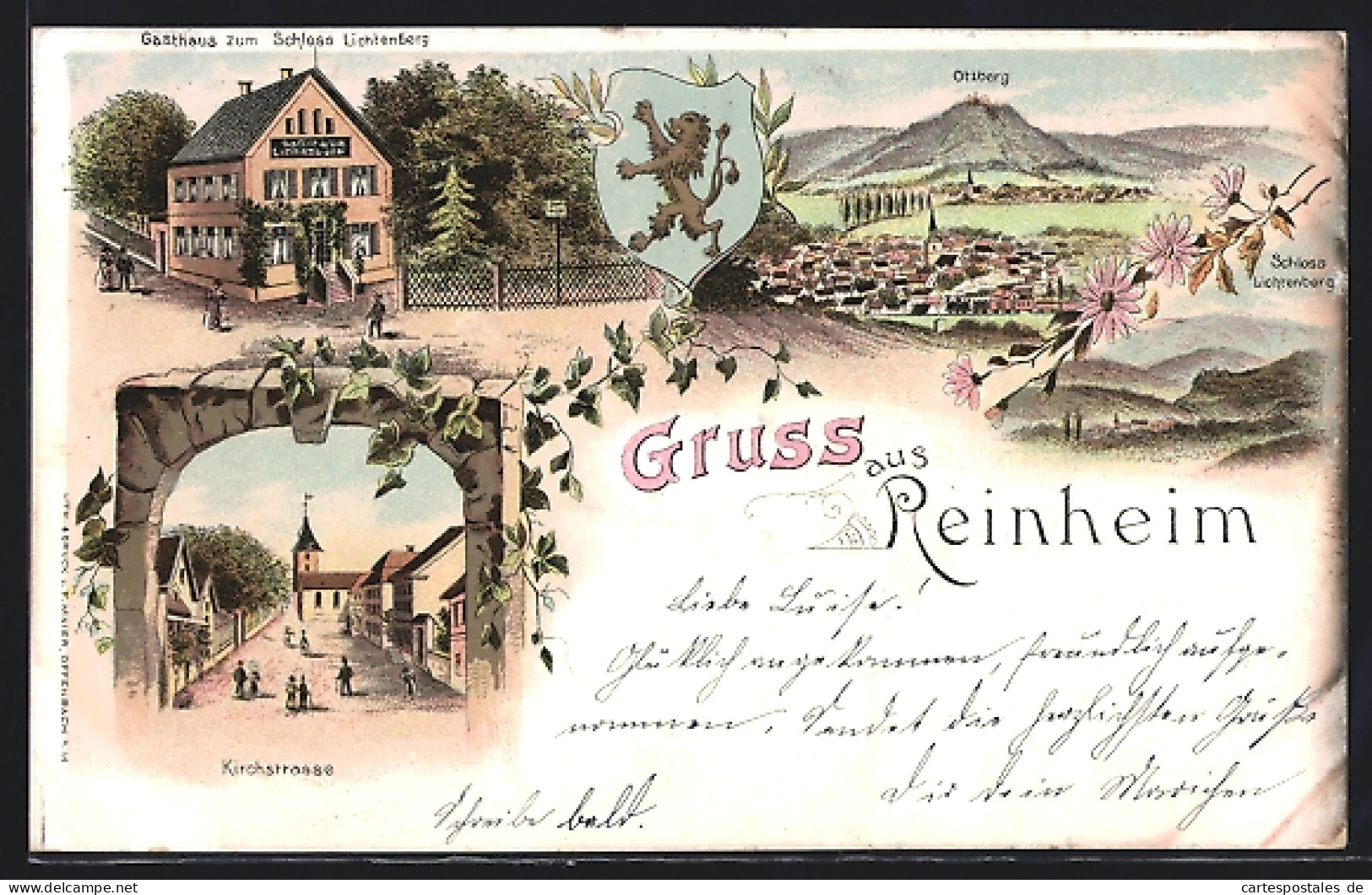 Lithographie Reinheim / Odenwald, Gasthaus Zum Schloss Lichtenberg, Kirchstrasse  - Odenwald
