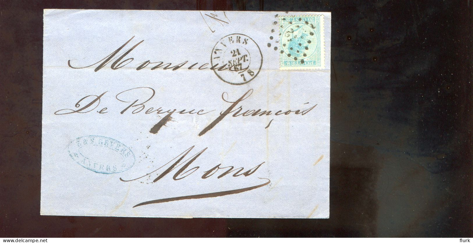 België OCB18 Gestempeld Op Brief Anvers-Mons 1867 Perfect (2 Scans) - 1865-1866 Linksprofil