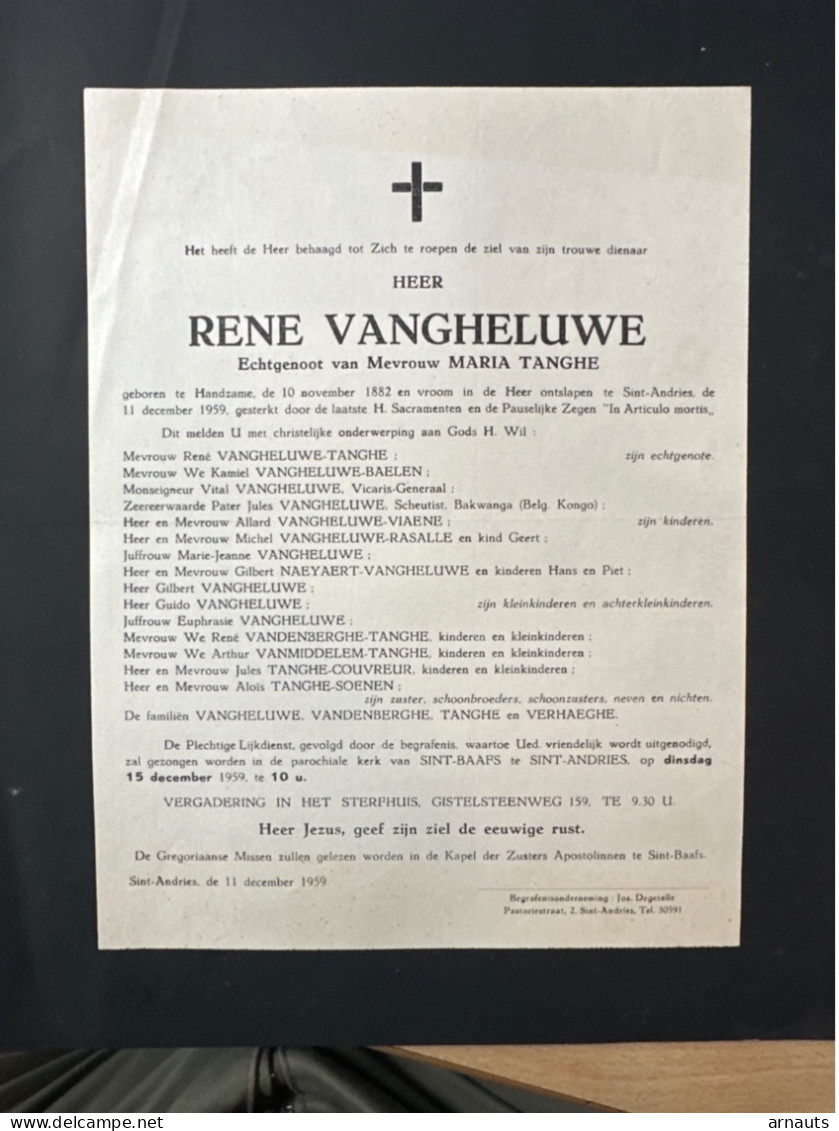 Heer Rene Vangheluwe Echtg Tanghe Maria *1882 Handzame +1959 Sint-Andries Viaene Naeyaert Rasalle Verhaeghe - Décès