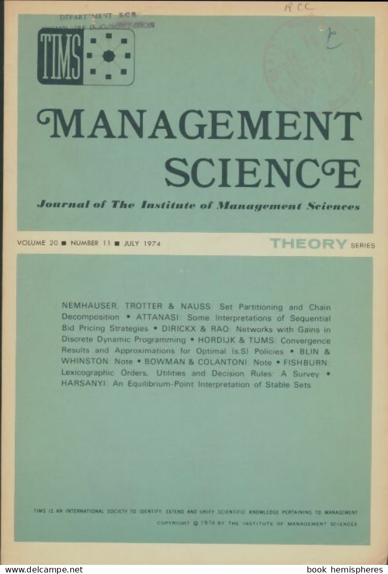 Management Science Volume 20 N°11 (1974) De Collectif - Economie