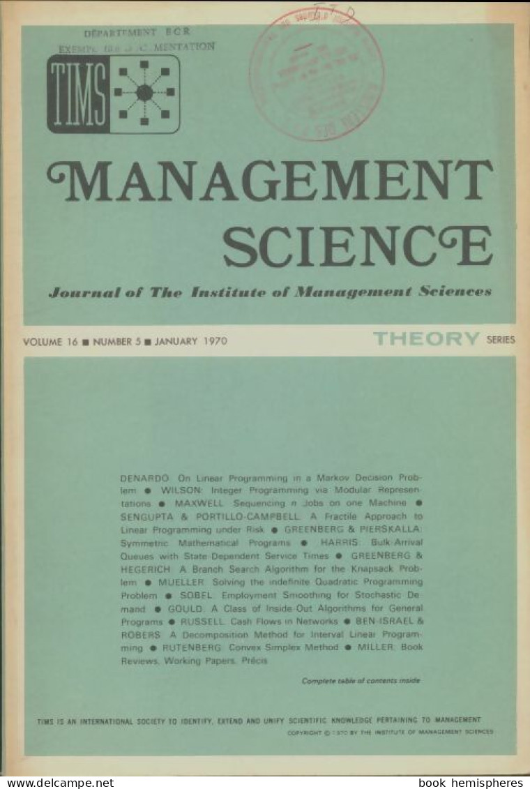 Management Science Volume 16 N°5 (1970) De Collectif - Economie