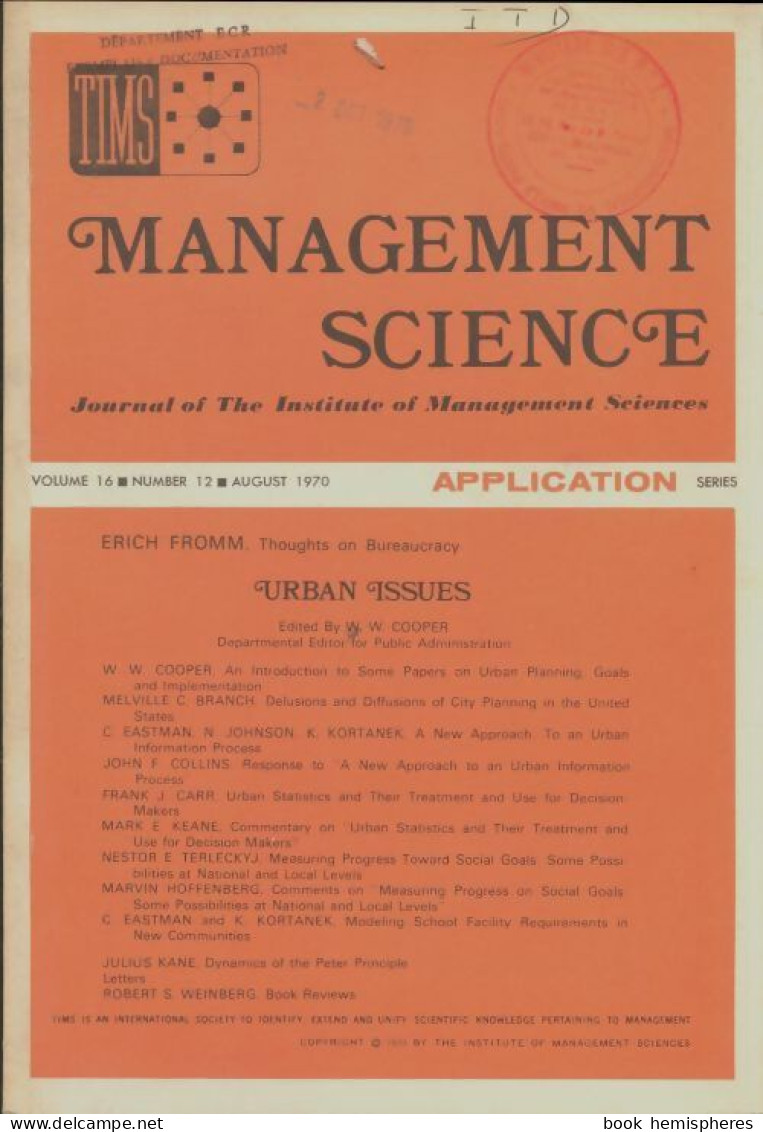 Mangement Science Volume 16 N°12 (1970) De Collectif - Economie