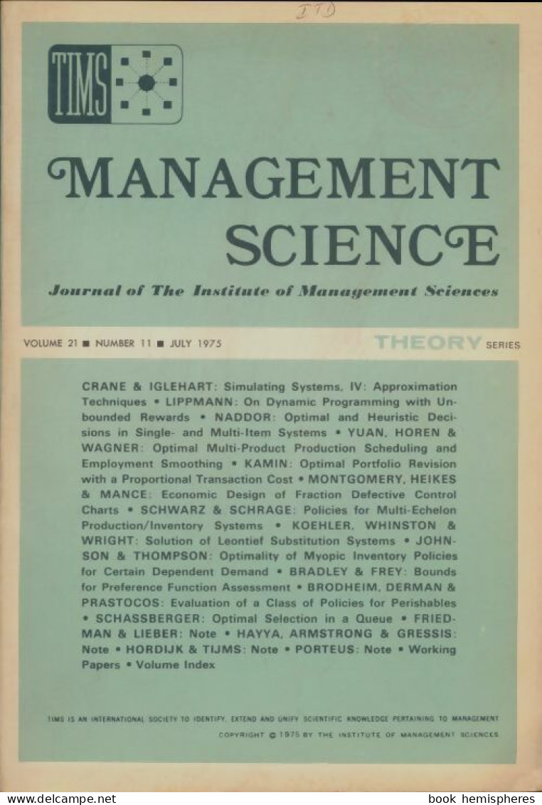 Management Science Volume 21 N°11 (1975) De Collectif - Economie