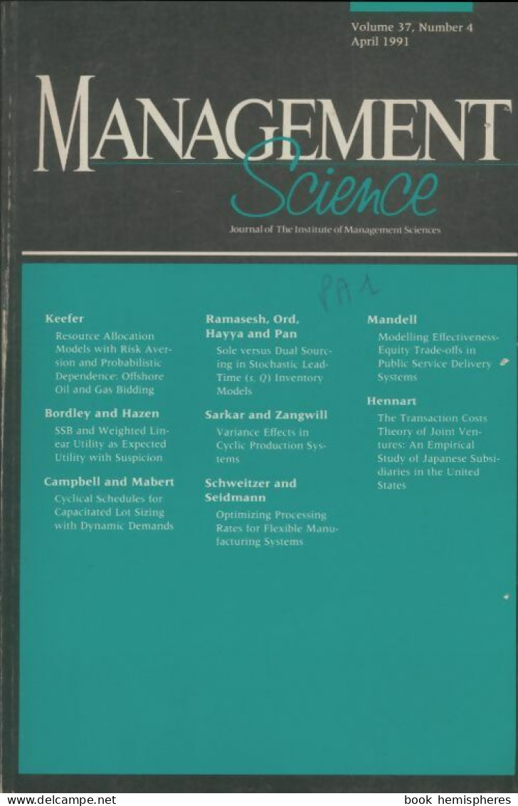 Management Science N°4 (1991) De Collectif - Economie