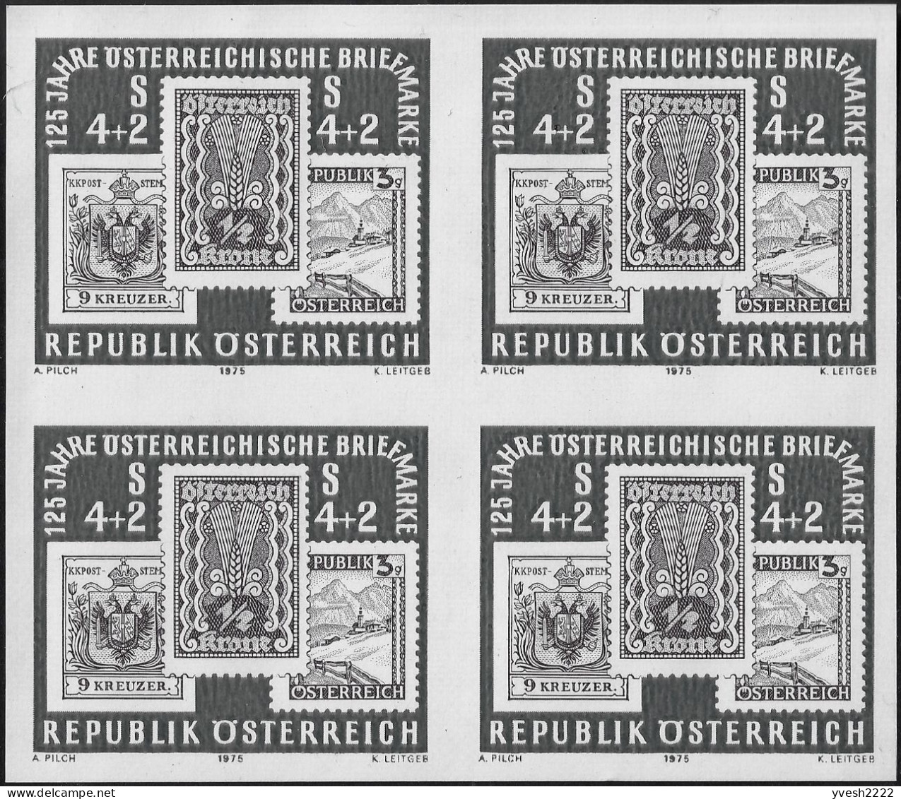 Autriche 1975 Y&T 1333. Bloc De 4, Impression En Noir. Non Dentelés. Journée Du Timbre, Timbres Sur Timbres - Stamps On Stamps