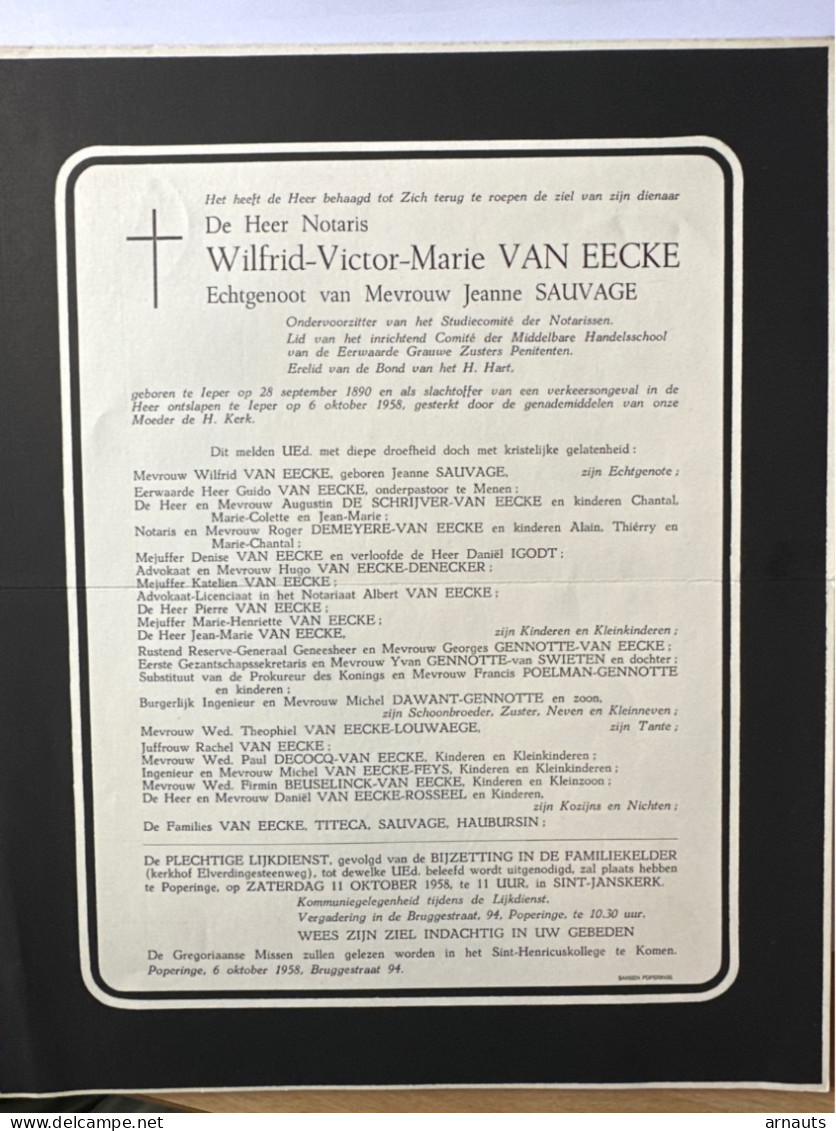 Notaris Wilfried Van Eecke Echtg Sauvage *1890 Ieper +1958 Ieper Poperinge Titeca Haubursin Demeyere Gennotte Swieten - Décès