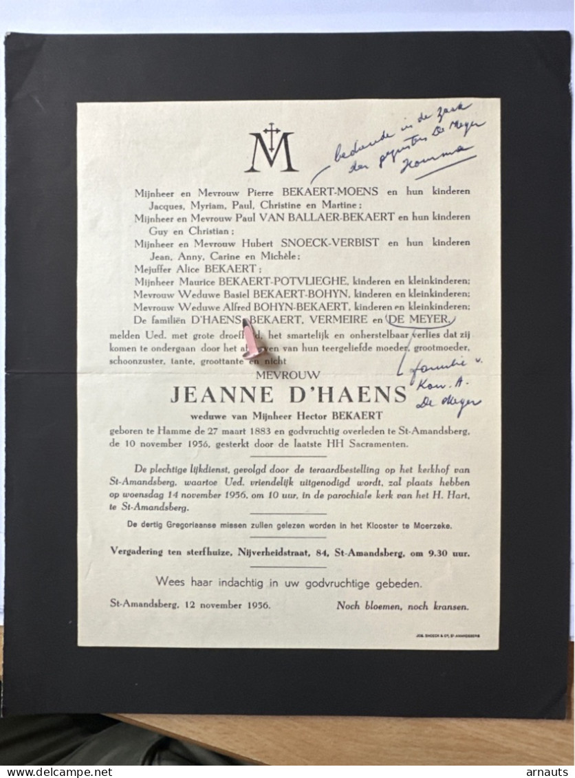 Mevr Jeannr D’Haens Wed Bekaert Hector *1883 Hamme +1956 St.-Amandsberg Moerzeke Snoeck Bohyn Potvlieghe Van Ballaer Ver - Décès