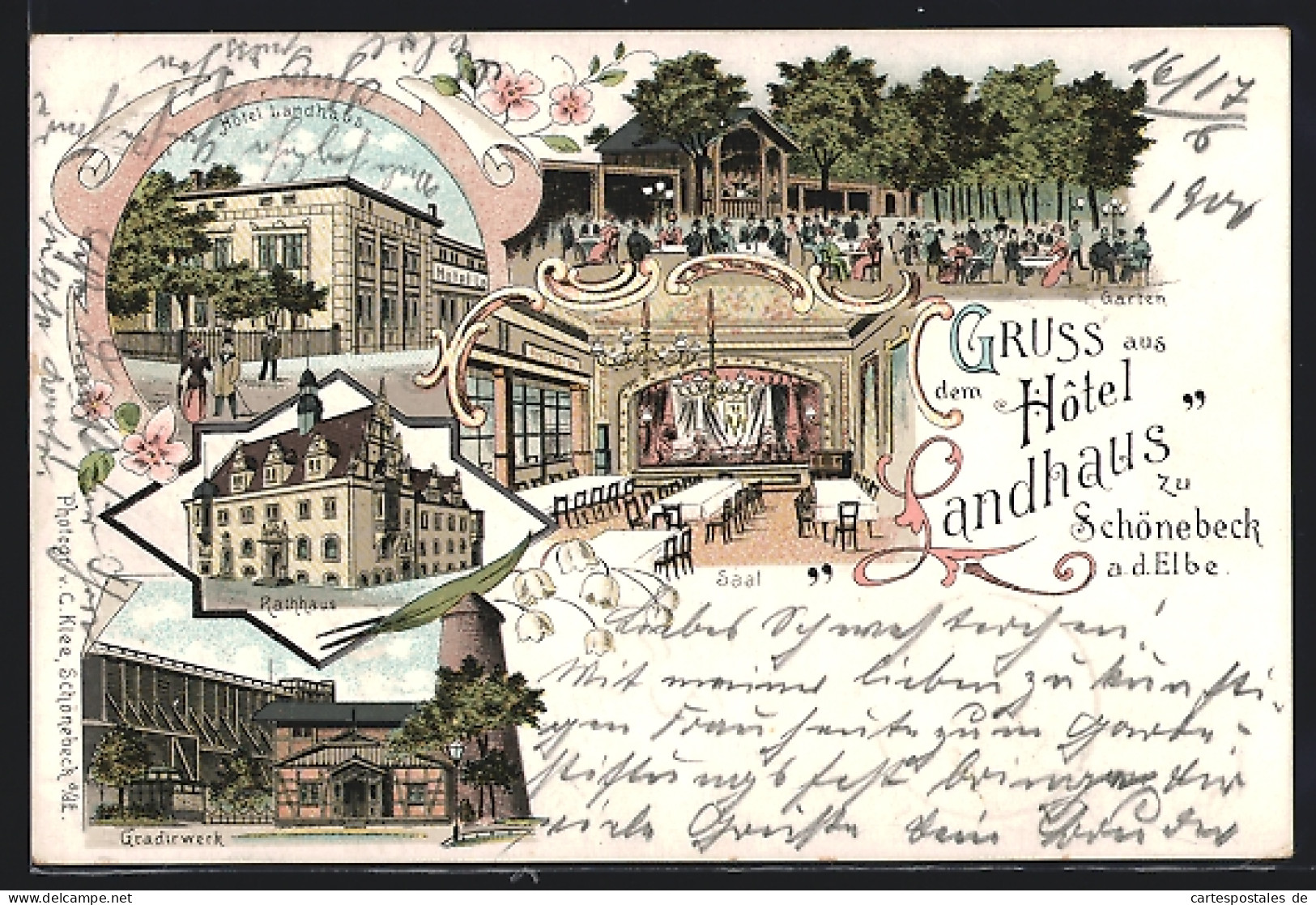 Lithographie Schönebeck / Elbe, Hotel Landhaus, Rathaus, Gradirwerk  - Schoenebeck (Elbe)