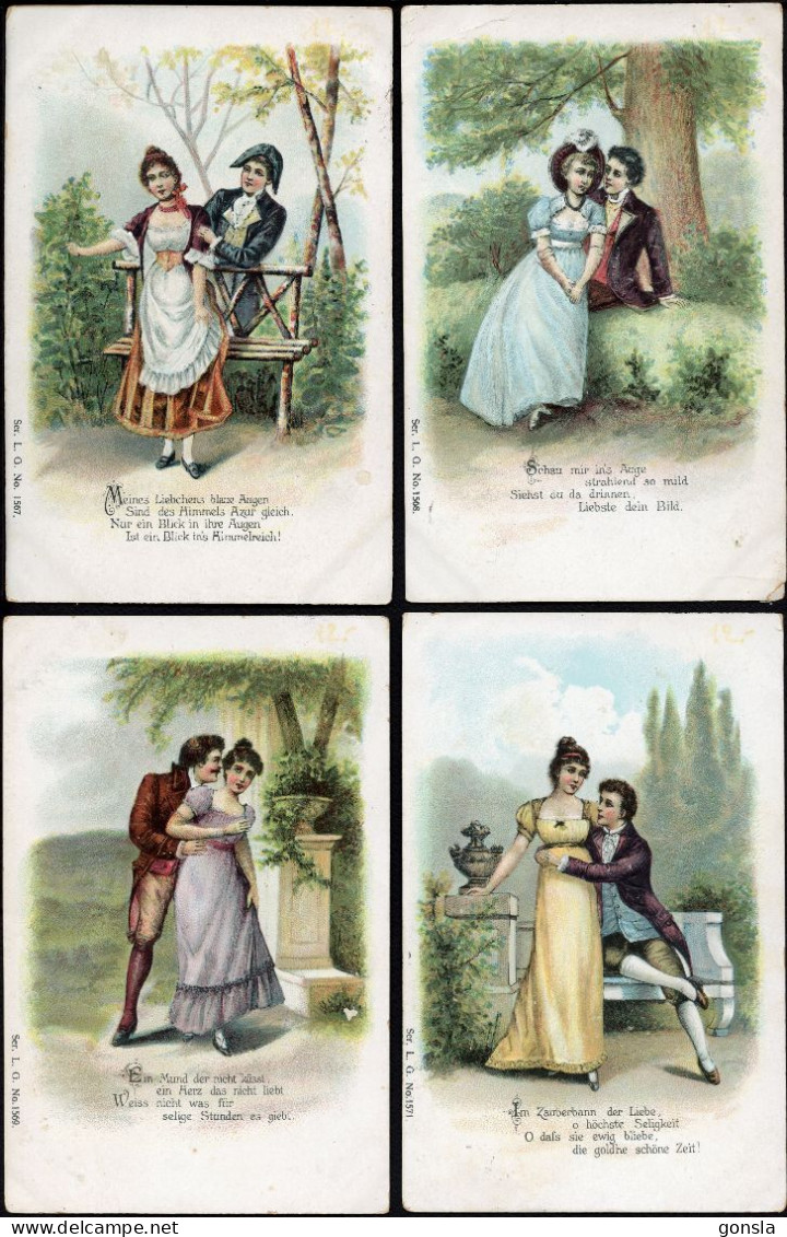 COUPLES 1900 "4 Scènes Amoureuses Avec Poèmes" Lot De 4 Cartes Postales Celluloïds De Collection - Couples