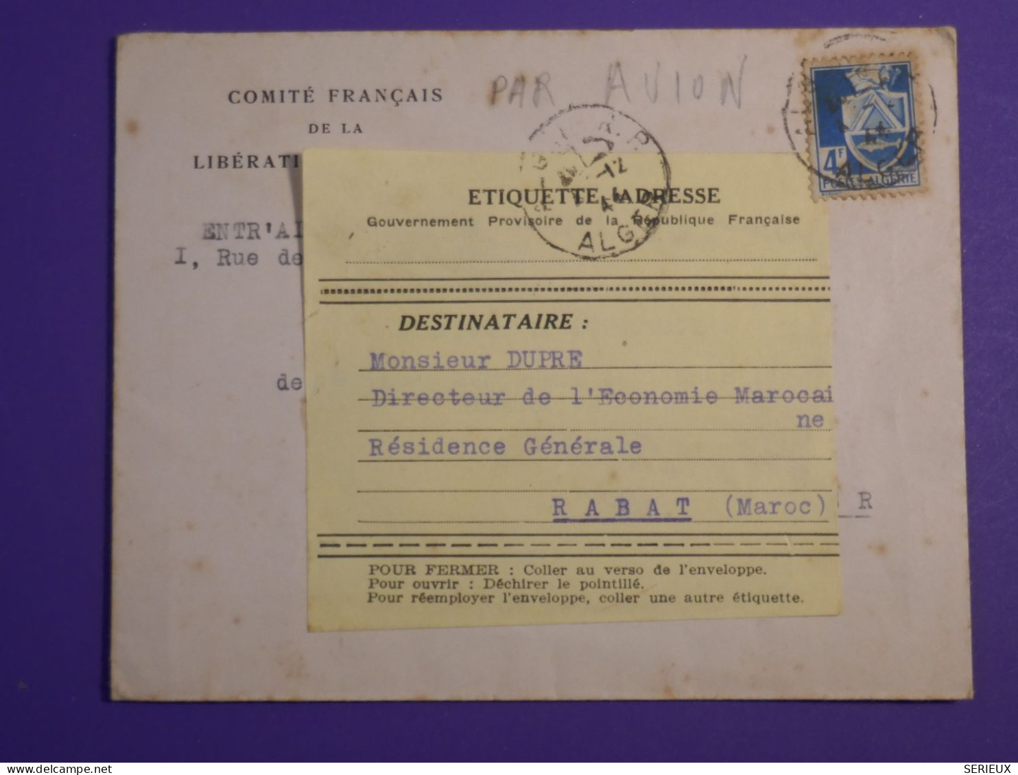 DN8 ALGERIE   LETTRE ETIQUETTE  RARE   1944  ALGER A RABAT MAROC   + AFF.  INTERESSANT+++ - Briefe U. Dokumente