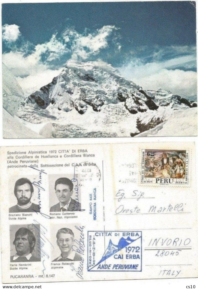 Mountaineering Peru Ande '72 Cordillera Blanca Huallanca Pucaranra Off.Pcard CAI Erba Italy Expedition 4 Signs 23jul72 - Alpinismus, Bergsteigen