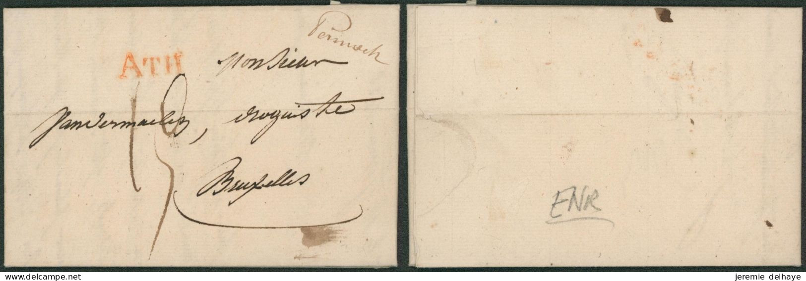 Précurseur - LAC Datée De Péruwelz (1828) + Obl Linéaire Rouge ATH & Origine Manusc. "Péruwelz" > Bruxelles. TB - 1815-1830 (Dutch Period)