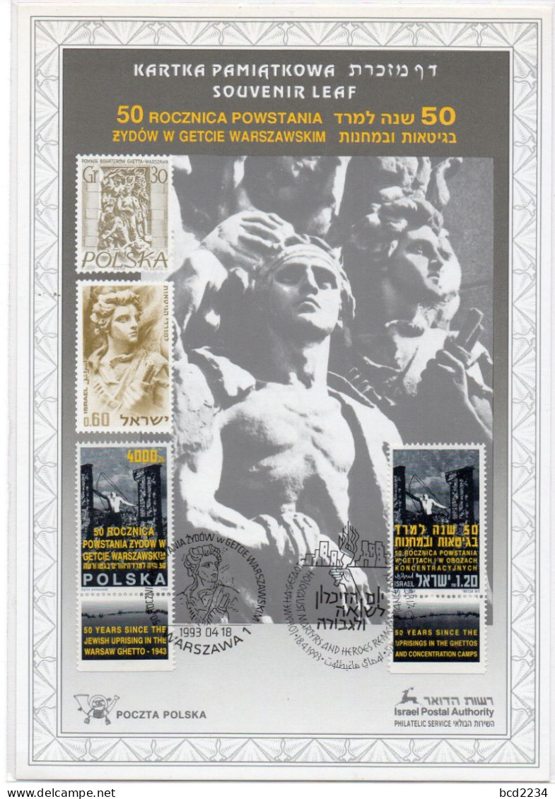 POLAND 1993 50th YEAR JEWISH UPRISING WW2 NAZI GERMAN WARSAW GHETTO JOINT ISSUE ISRAEL SOUVENIR LEAF CARD Judaica SLANIA - Guerre Mondiale (Seconde)