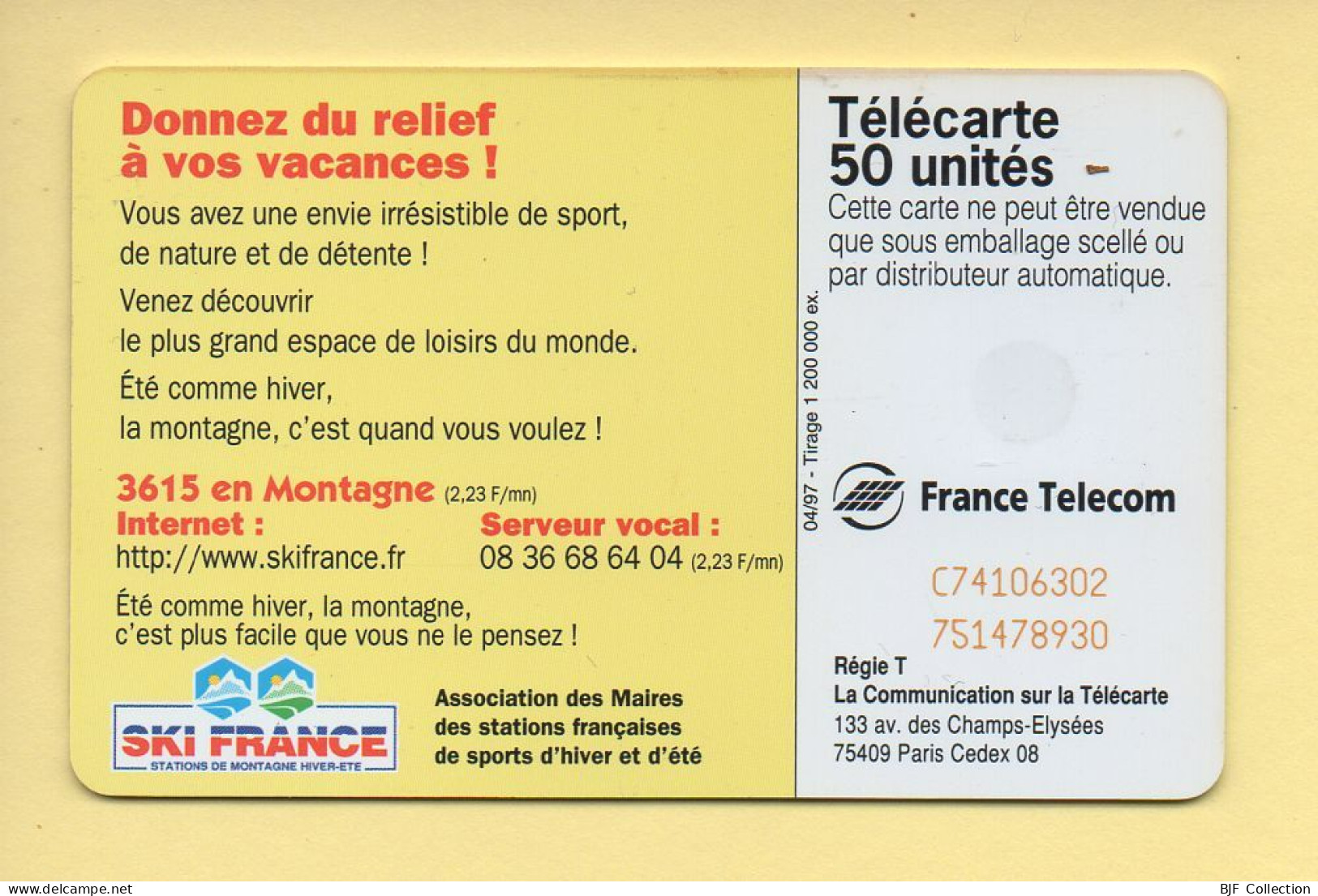 Télécarte 1997 : 3615 EN MONTAGNE / SKI FRANCE / 50 Unités (voir Puce Et Numéro Au Dos) - 1997