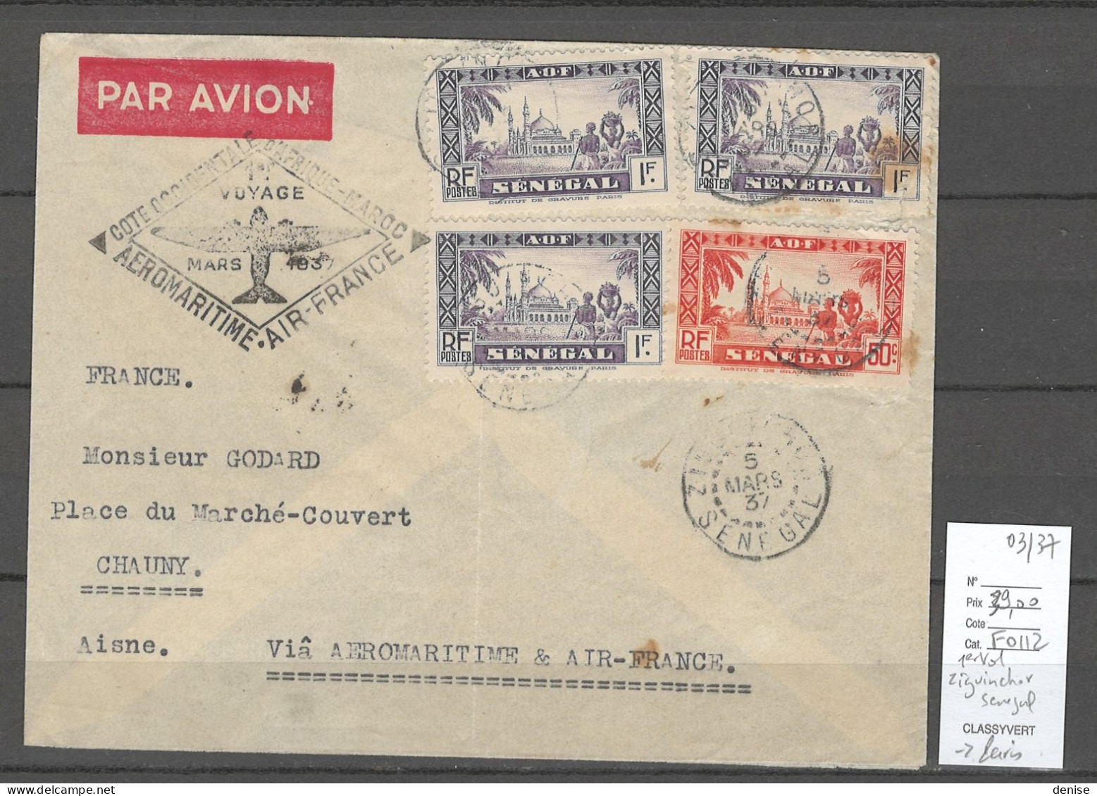 Sénégal - Lettre 1er Service Aérien - Ziguinchor Vers France - 03/1937 - Briefe U. Dokumente