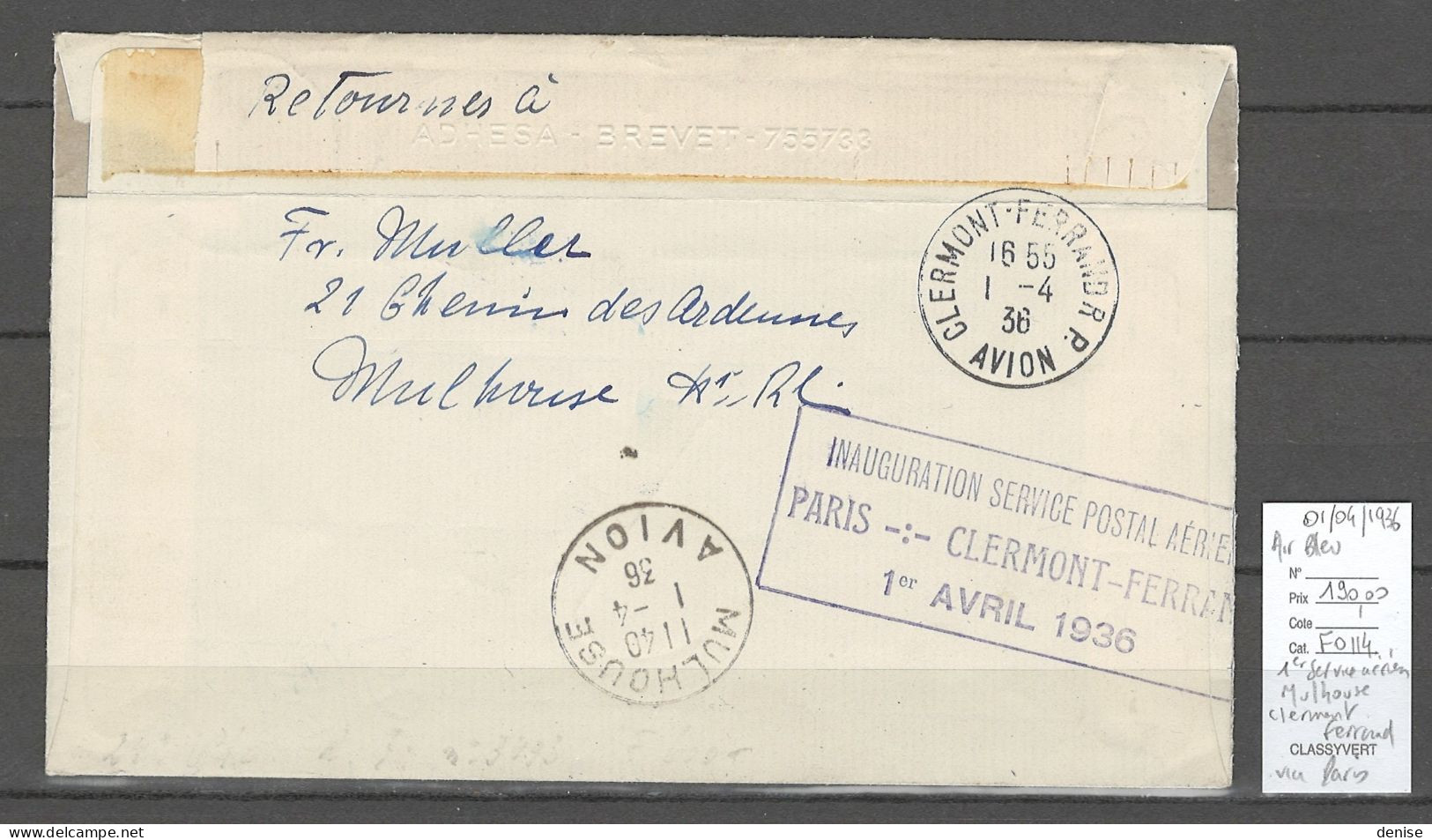 France - 1er Service Postal Aérien MULHOUSE - CLERMONT FERRAND - Air Bleu - 01/04/1936 - 1927-1959 Covers & Documents