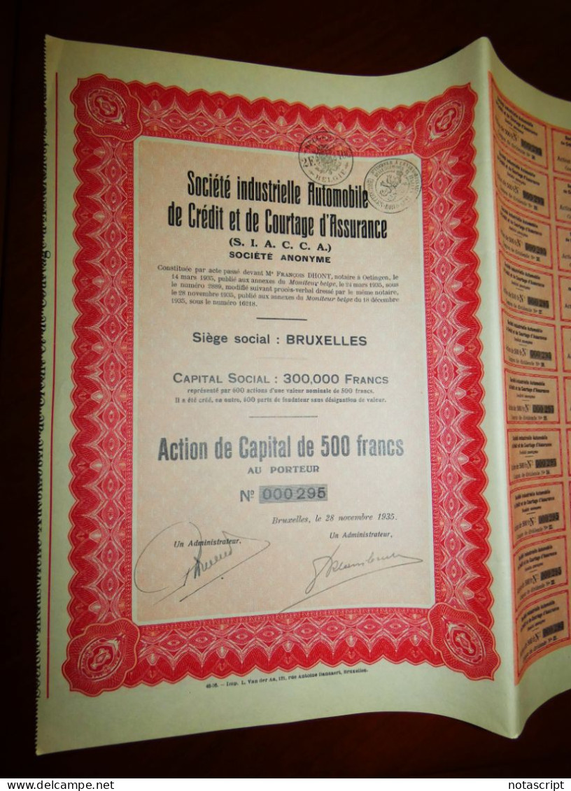 Société Industrielle Automobile De Crédit 1935 Share Certificate - Banca & Assicurazione