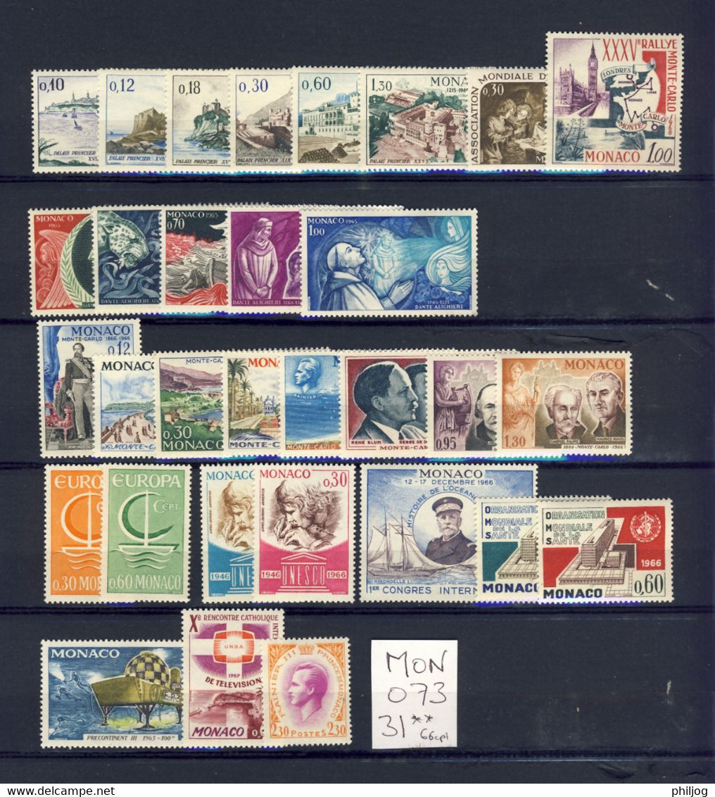 Monaco - Année 1966 Complète - Neuve SANS Charnière - 31 Timbres Du 677 à 707 - Complete MNH Year 1966 - Komplette Jahrgänge