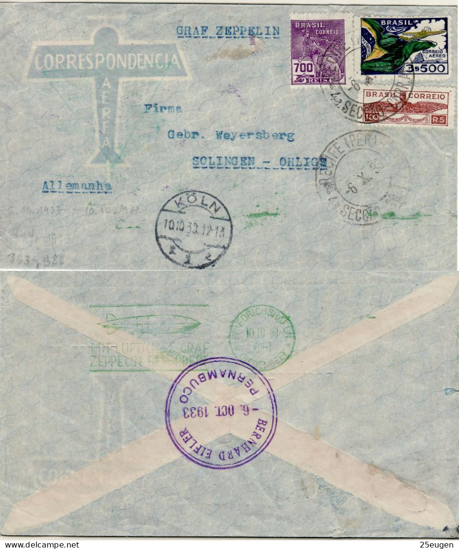 BRAZIL 1933  AIRMAIL LETTER SENT TO SOLINGEN VIA GRAF ZEPPELIN - Storia Postale