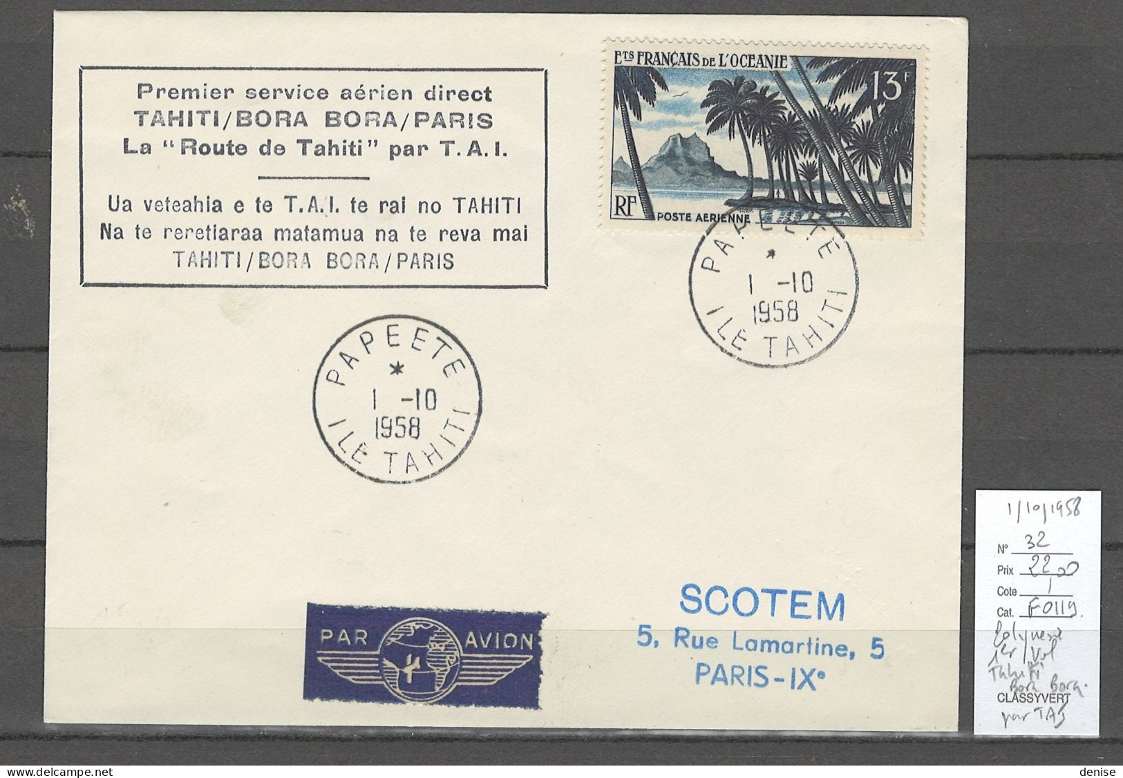 Oceanie - 1er Service Aérien Direct - Tahiti - Bora Bora - 01/10/1958 - Covers & Documents