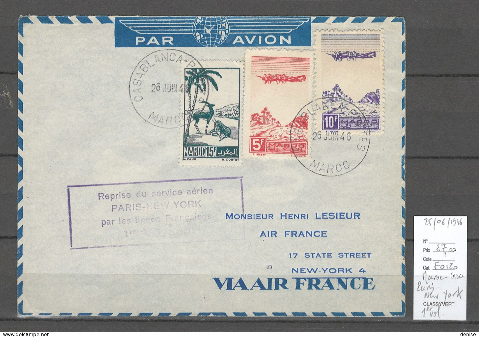 Maroc - 1er Service Casablanca - Paris - New York - 26/06/1946 - Airmail