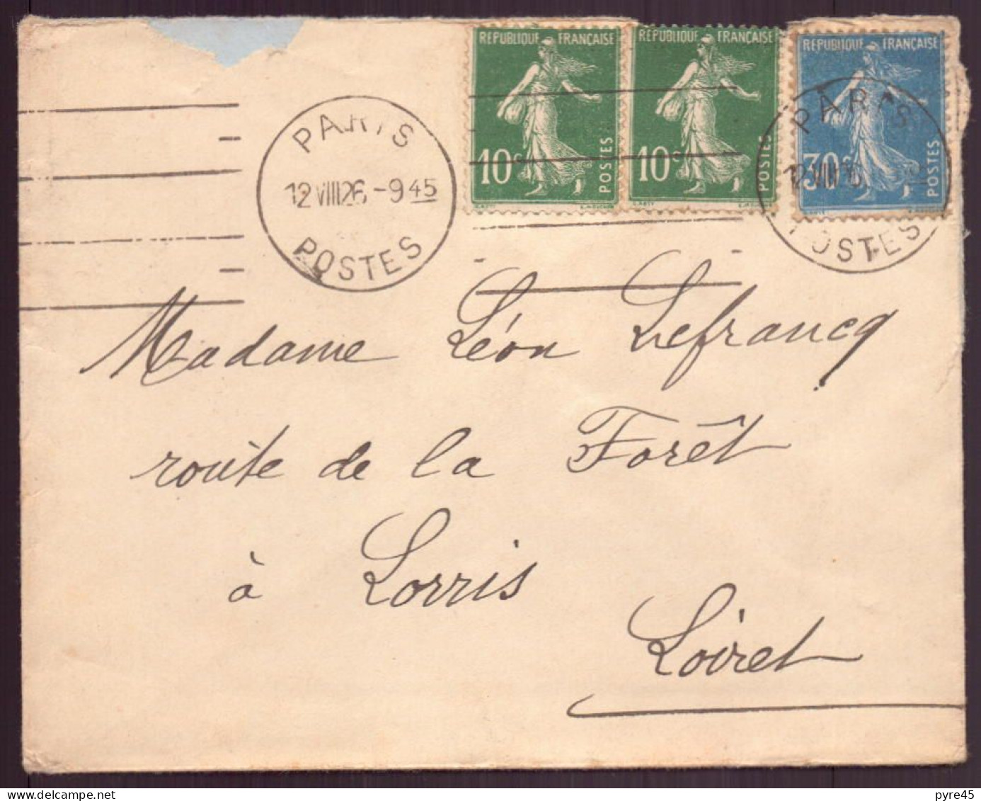 France, Enveloppe Du 12 Août 1926 De Paris Pour Lorris - Autres & Non Classés