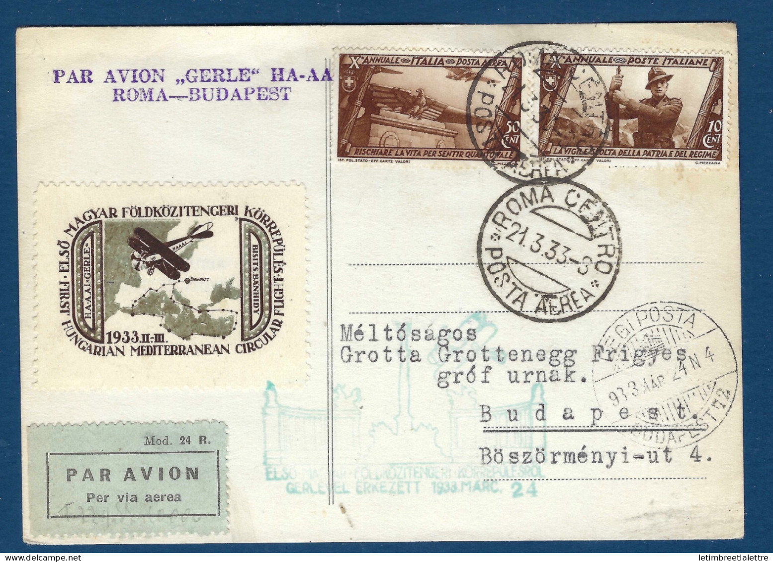 Italie - Poste Aérienne - Par Avion Gerle HA AA - Rome Budapest - Avec Vignette Circuit Méditerranéen - 1933 - Marcofilie (Luchtvaart)