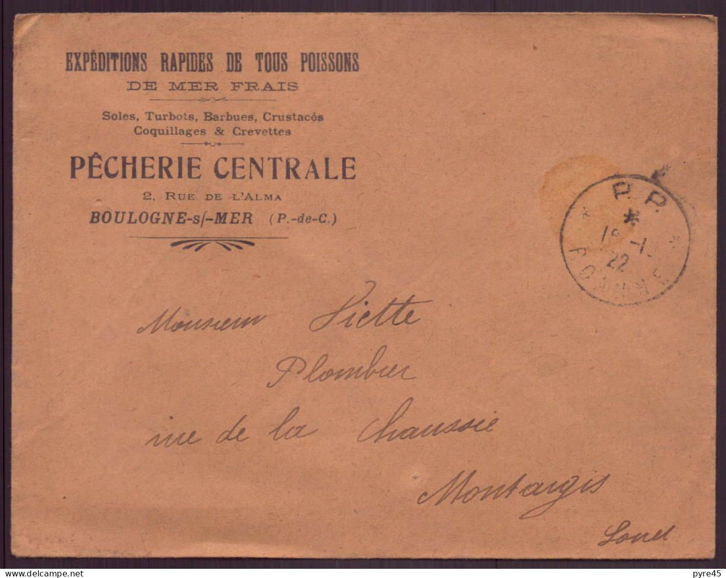 France, Enveloppe à En-tête " Pêcherie Centrale " Expéditions De Poissons, Boulogne/mer, 1922 - Andere & Zonder Classificatie