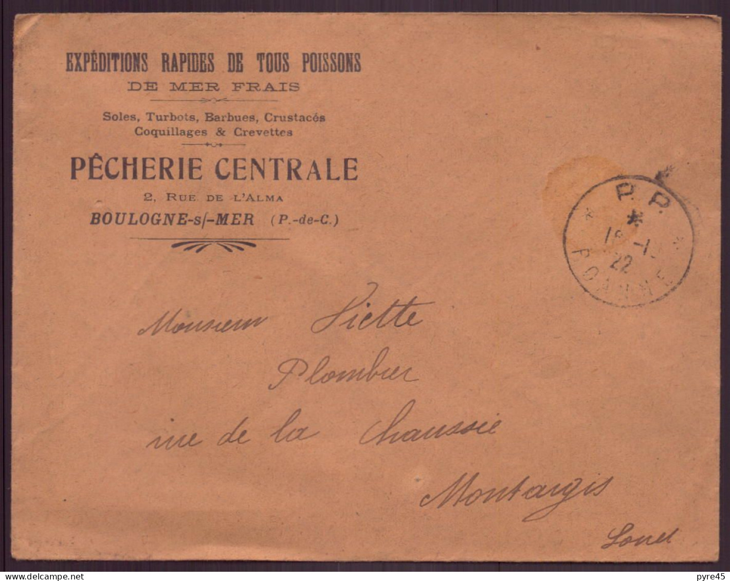 France, Enveloppe à En-tête " Pêcherie Centrale " Expéditions De Poissons, Boulogne/mer, 1922 - Sonstige & Ohne Zuordnung