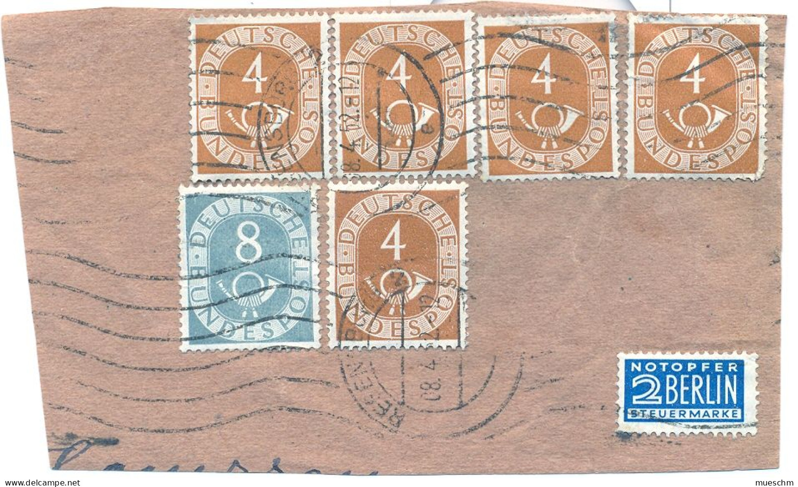 Bundesrepublik, 1952, Briefstück Mit 5xMi.124 (Posthorn 4Pfg.)+1xMi.Nr.127 (8Pfg.)+Notopfer Berlin (8473E) - Gebraucht