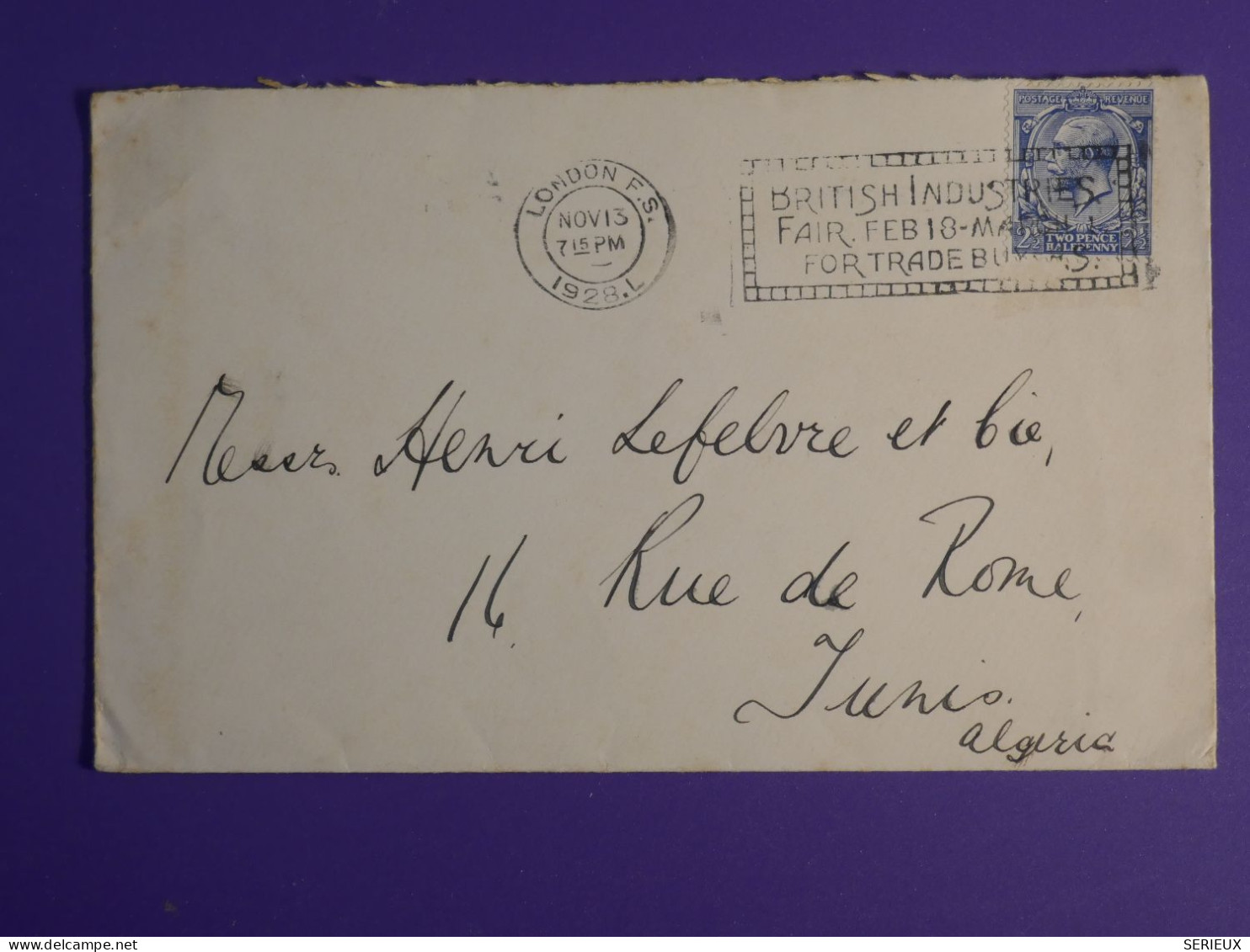 DN8 GREAT BRITAIN  LETTRE  1928  LONDON  A TUNIS +VERSO OVAL   + AFF.  INTERESSANT+++ - Marcofilie