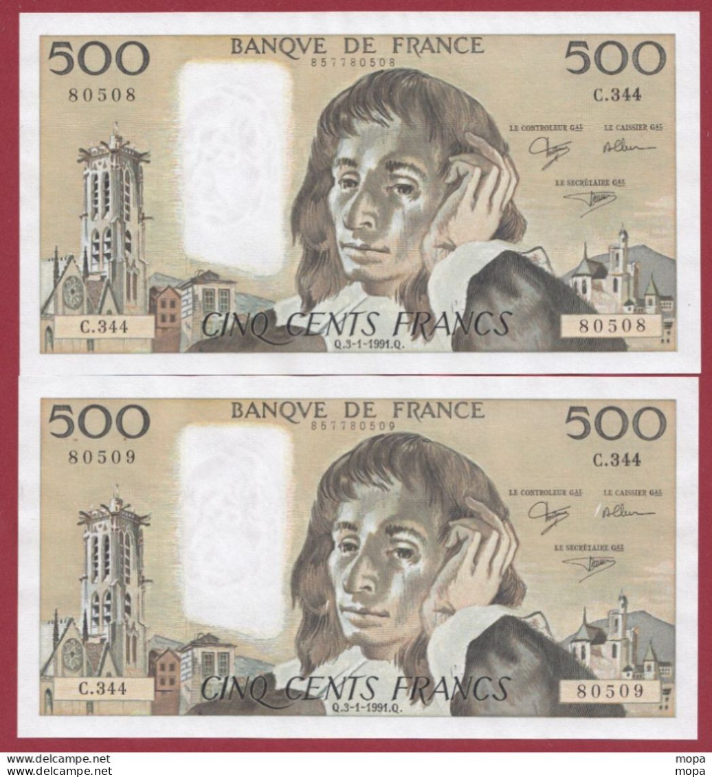 500 Francs "Pascal"- Du 03/01/1991.Q--ALPH .C.344-(1)-(SUITE DE 2 BILLETS --UNC/NEUF --AUCUN TROU D EPINGLE MANIFIQUE ) - 500 F 1968-1993 ''Pascal''